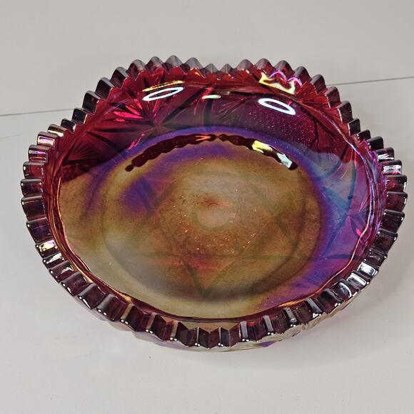 Red Iridescent Shallow Dish, Vintage Sawtooth Edge Glass, Carnival Candy Dish - Picture 4 of 8